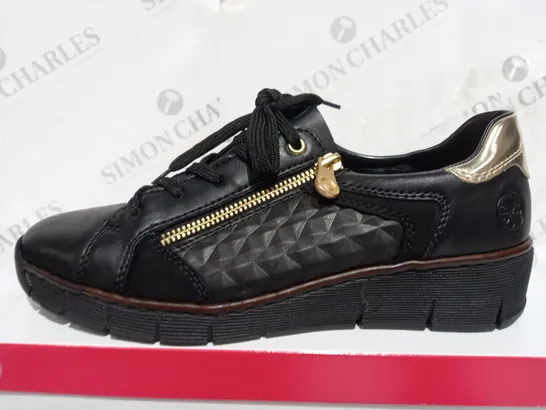 BOXED PAIR RIEKER BROWN & GOLD LACE UP/ZIP WEDGE TRAINERS, SIZE 7