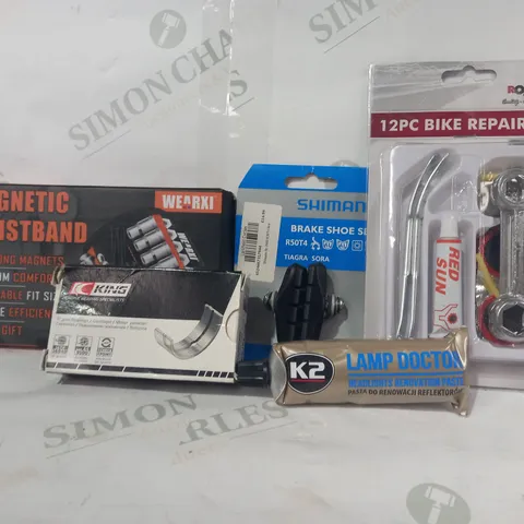 LOT OF APPROXIMATELY 10 ASSORTED CAR AND VEHICLE PARTS AND ITEMS TO INCLUDE ROADSTER 12PC BIKE REPAIR KIT, LAMP DOCTOR HEADLIGHTS RENOVATION PASTE, WEARXI MAGNETIC WRISTBAND, ETC