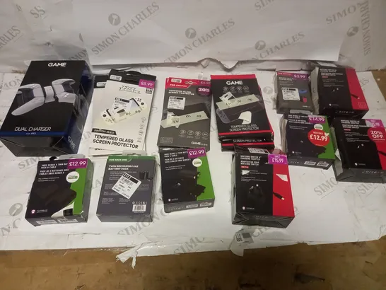 LOT OF APPROX 20 ASSORTED CONSOLE ACCESSORIES TO INCLUDE SWITCH SCREEN PROTECTORS, SWITCH POWER ADAPTERS, XBOX CONTROLLER CHARGE KITS ETC