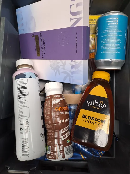 BOX OF APPROXIMATELY 10ITEMS TO INCLUDE BLOSSOM HONEY, HUEL DRINK, GENADE PROTEIN SHAKE ETC