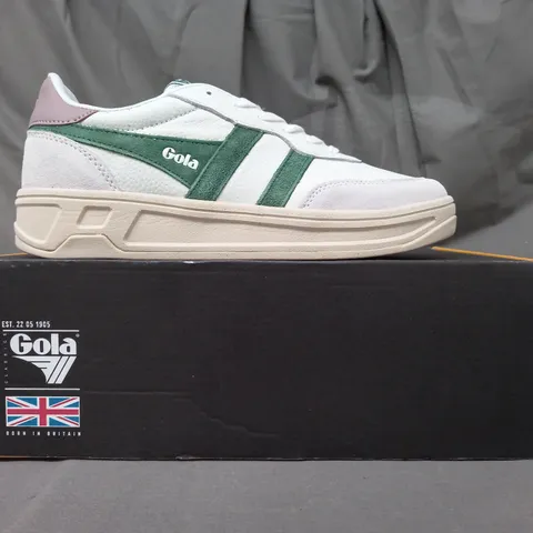 BOXED PAIR OF GOLA TOPSPIN SHOES IN WHITE/EVERGREEN/PASTEL PINK UK SIZE 6