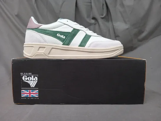 BOXED PAIR OF GOLA TOPSPIN SHOES IN WHITE/EVERGREEN/PASTEL PINK UK SIZE 6