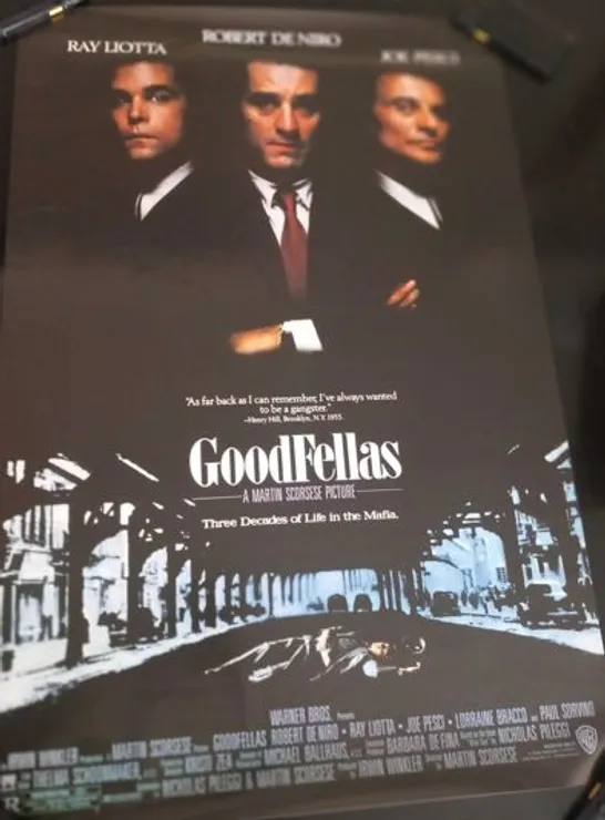 FOUR ASSORTED LARGE FILM POSTERS TO INCLUDE; PULP FICTION, GOODFELLAS, SCARFACE AND THE GODFATHER