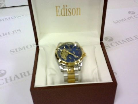 MEN’S EDISON AUTOMATIC MOONPHASE WATCH WITH STAINLESS STEEL SILVER AND YELLOW GOLD COLOUR STRAP, AND BLUE DIAL. RRP £600