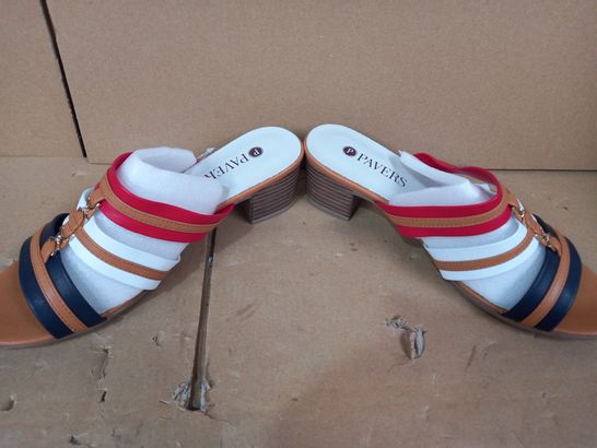 BOXED PAIR OF PAVERS RED/WHITE/BLUE SANDALS EU SIZE 40