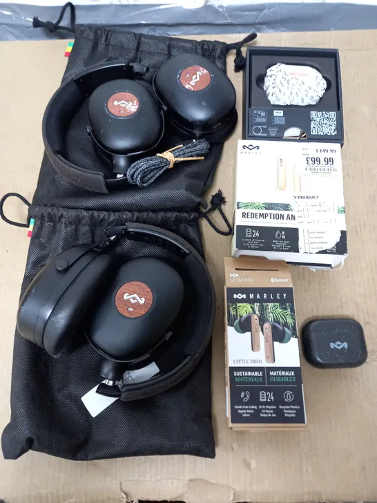 LOT OF 5 ASSORTED MARLEY AUDIO ITEMS TO INCLUDE TWS EARBUDS AND WIRELESS HEADPHONES