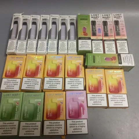 LOT OF 22 ASSORTED E-CIG ITEMS TO INCLUDE LOST MARY REFILLABLE POD, DISPOSABLE PODS AND VAPEMAN SOLO+