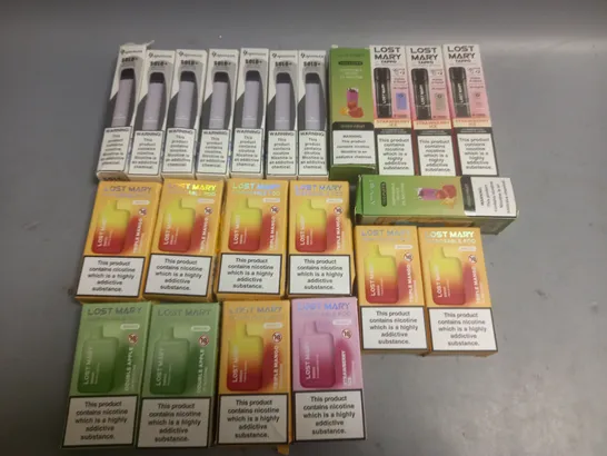 LOT OF 22 ASSORTED E-CIG ITEMS TO INCLUDE LOST MARY REFILLABLE POD, DISPOSABLE PODS AND VAPEMAN SOLO+