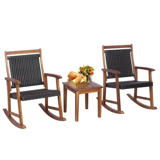 BOXED COSTWAY 3PCS PATIO RATTAN ROCKING CHAIR BISTRO SET ACACIA WOOD FRAME ARMREST