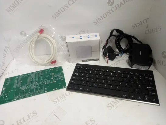 LOT OF APPROXIMATELY 10 ASSORTED ELECTRICAL ITEMS, TO INCLUDE WIRELESS KEYBOARD, POWER ADAPTER, VEHICLE TRACKER, ETC