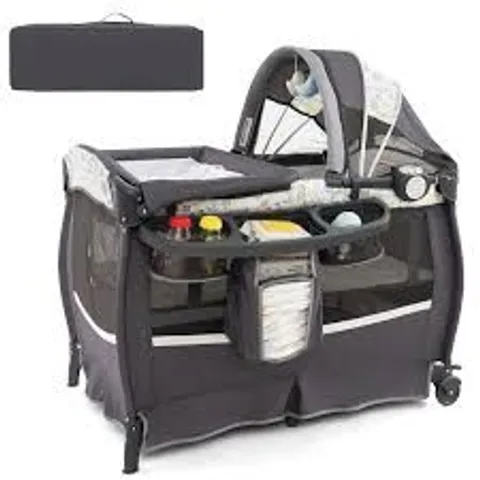 BOXED 4-IN-1 PORTABLE BABY TRAVEL COT WITH DETACHABLE CHANGING TABLE - GREY