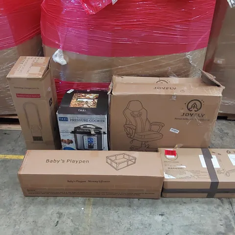 PALLET OF ASSORTED ITEMS INCLUDING: PRESSURE COOKER, BLADELESS PURIFIER & HEATER FAN, OFFICE CHAIR, BALANCE SCOOTER, BABY'S PLAYPEN 