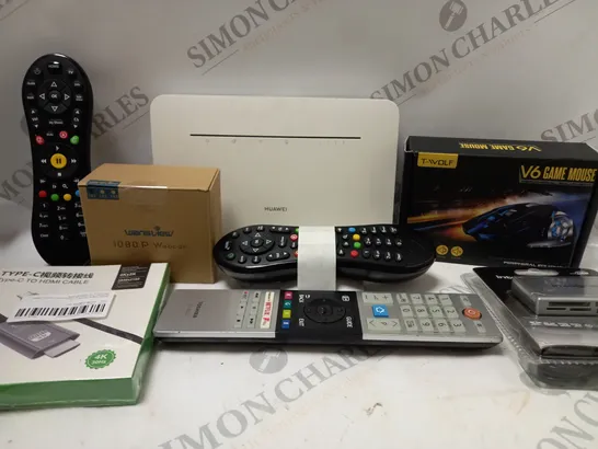 BOX OF APPROX 20 ASSORTED ELECTRICAL ITEMS TO INCLUDE VIRGIN MEDIA REMOTE CONTROL, HUAWEI WI-FI BOX, T-WOLF V6 GAME MOUSE, ETC 