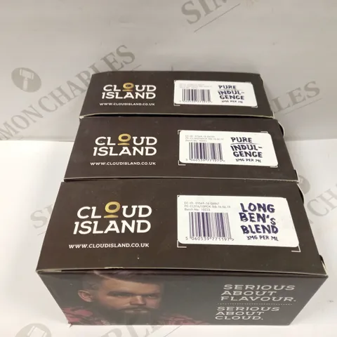 LOT OF 3 CLOUD ISLAND MIXED E-CIG LIQUID BOXES (LONG BEN'S BLEND AND PURE INDULGENCE), (10 X 10ML BOTTTLES PER BOX) 3MG PER ML