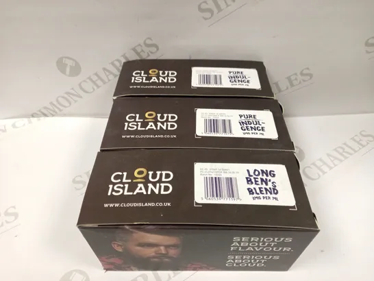 LOT OF 3 CLOUD ISLAND MIXED E-CIG LIQUID BOXES (LONG BEN'S BLEND AND PURE INDULGENCE), (10 X 10ML BOTTTLES PER BOX) 3MG PER ML