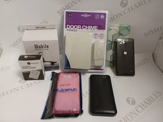 BOX OF APPROX 20 ITEMS INCLUDING ASSORTED PHONE CASES, DOOR HANDLE ALARM AND CHIME ALARM