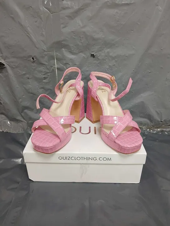 QUIZ PINK CROCODILE CROSS STRAP PLATFORM HEELED SANDAL