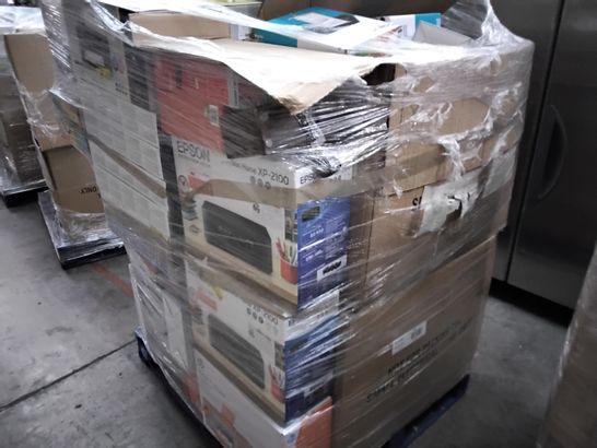 PALLET OF ASSORTED SMALL ELECTRICAL ITEMS INCLUDING,EPSON, HP, HOME PRINTERS, ONN CD MICRO SYSTEMS, CD BOOMBOXES, AERIALS, HEADPHONES, DVD PLAYERS 