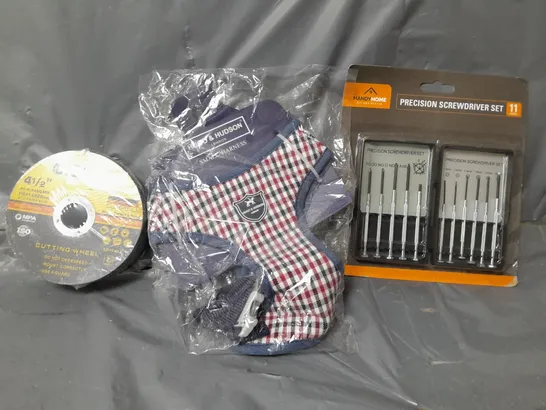 BOX OF APPROXIMATELY 8 ASSORTED ITEMS TO INCLUDE - PRECISION SCREWDRIVER SET , HUGO & HUDSON SMALL HARNESS , CISIVIS CUTTING WHEEL ETC