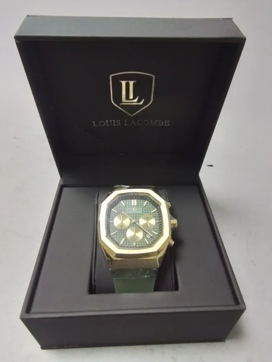 LOUIS LACOMBE GENTS STAINLESS STEEL CHRONOGRAPH WATCH WITH GREEN RUBBER STRAP IN GIFT BOX