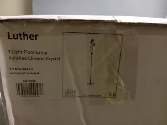 BOXED DAR LUTHER 3 LIGHT FLOOR LAMP POLISHED CHROME CRYSTAL