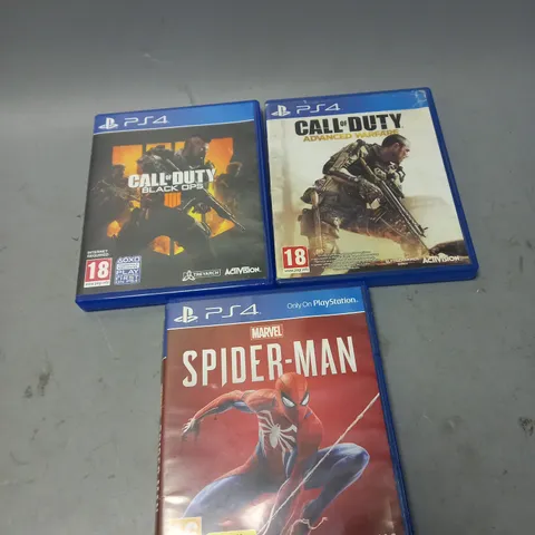 LOT OF 3 PS4 VIDEO GAMES TO INCLUDE SPIDER-MAN, CALL OF DUTY BLACK OPS AND CALL OF DUTY ADVANCED WARFARE