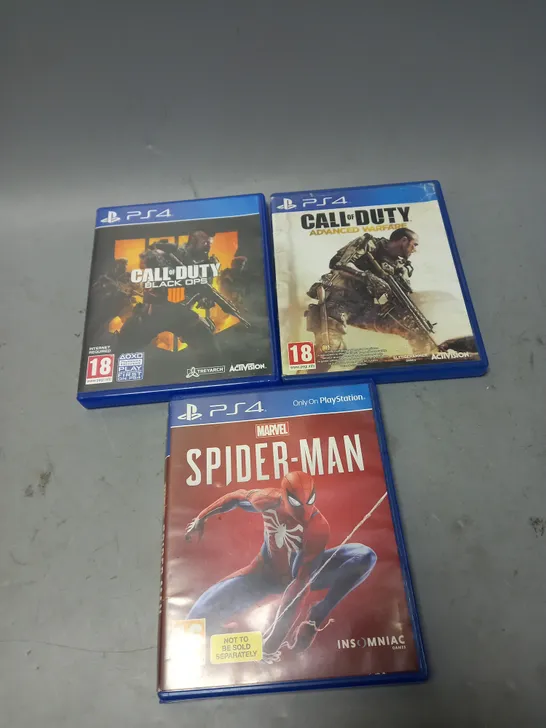 LOT OF 3 PS4 VIDEO GAMES TO INCLUDE SPIDER-MAN, CALL OF DUTY BLACK OPS AND CALL OF DUTY ADVANCED WARFARE