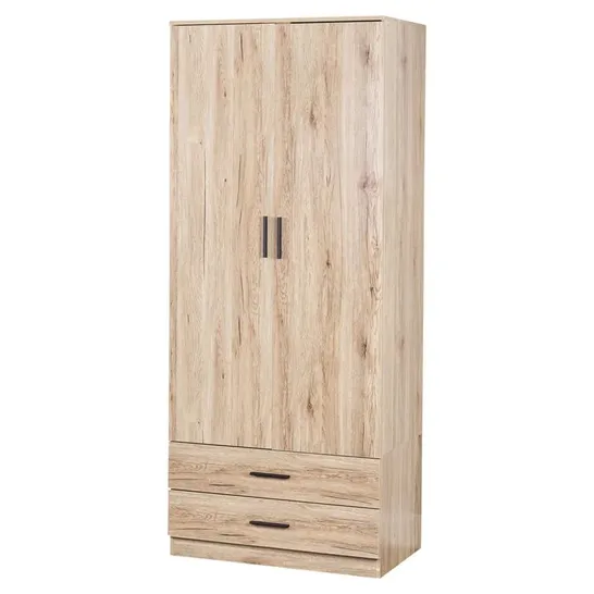 BOXED TALL 2 DOOR WARDROBE WITH 2 DRAWERS OAK (BOX 1 OF 2)