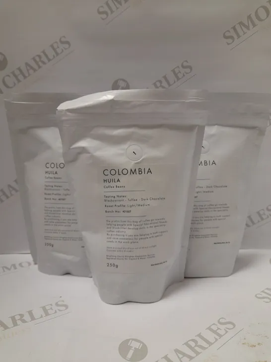 LOT OF 3 X 250G COLOMBIA HUILA COFFEE BEANS - BLACKCURRENT, DARK CHOCOLATE, TOFFEE - LIGHT/MEDIUM 