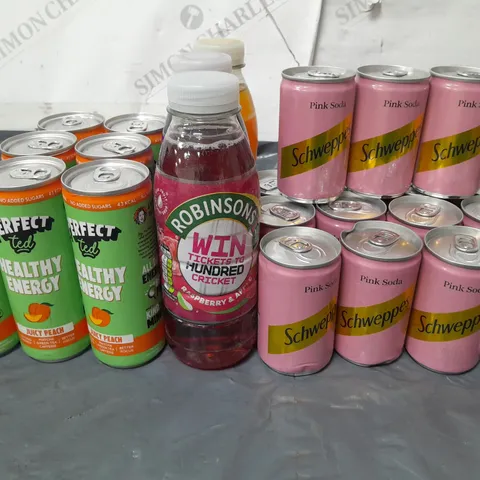 LOT OF 25 ASSORTED DRINKS INCLUDES ROBINSON SCHWEPPES PINK SODA AND PERFECT TEDS PEACH