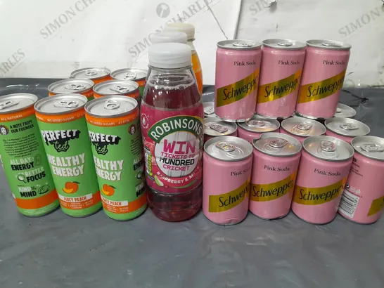 LOT OF 25 ASSORTED DRINKS INCLUDES ROBINSON SCHWEPPES PINK SODA AND PERFECT TEDS PEACH