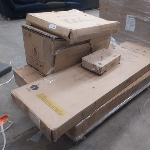 PALLET OF ASSORTED FURNITURE PARTS TO INCLUDE PARTS FOR; FREYA GENTS WARDROBE, LYNTON GENTS WARDROBE, ROS 5FT BEDFRAME, MAURICE EXTRA WIDE TV UNIT AND AVIGNON TABLE