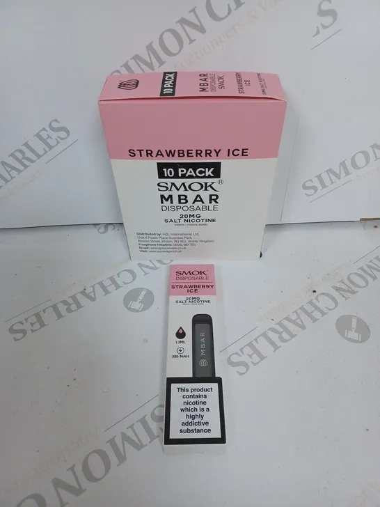 BOX OF APPROXIMATELY 10 BOXES OF STRAWBERRY ICE 10 PACK SMOK M BAR DISPOSABLE 20MG SALT NICOTINE