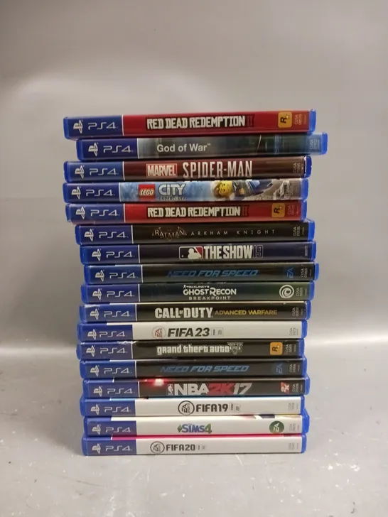 APPROXIMATELY 15 ASSORTED PS4 VIDEO GAMES TO INCLUDE SPIDERMAN, GTA 5, NEED FOR SPEED ETC 