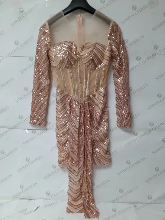 SEQUINED RHINESTONED CORSET DRESS WITH MESH DETAIL IN FLESH PINK 