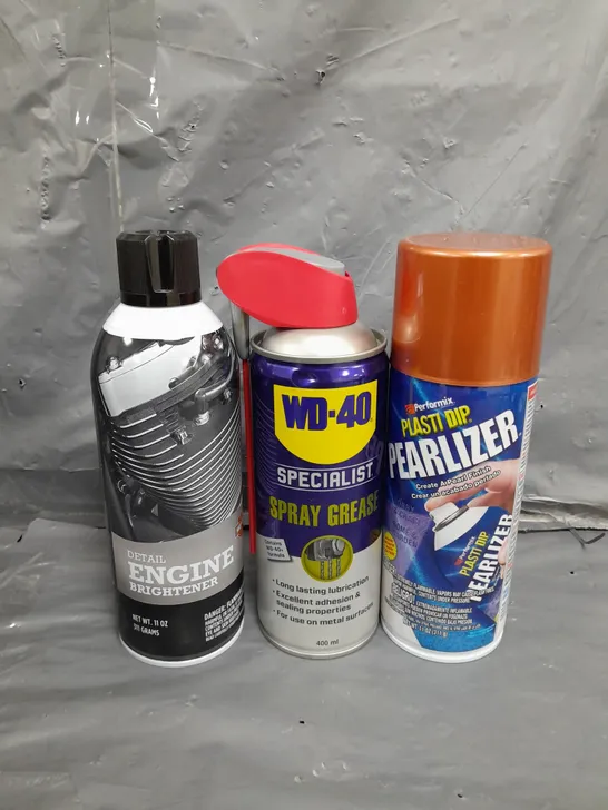 APPROXIMATELY 5 ASSORTED AEROSOLS TO INCLUDE WD-40 , ENGINE BRIGHTENER , PEARLIZER , ETC 