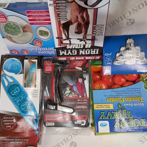 BOX OF SSORTED ITEMS SET TO INCLUDE CAR CANE, BACK MASSAGER, AB STRAPS ETC