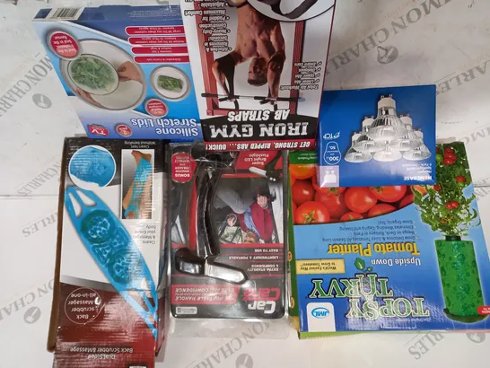 BOX OF SSORTED ITEMS SET TO INCLUDE CAR CANE, BACK MASSAGER, AB STRAPS ETC