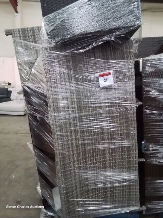 PALLET OF ASSORTED RATTAN GARDEN FURNITURE PARTS, INCLUDING 2 × BROWN COFFEE TABLES & 1 BLACK COFFEE TABLE.