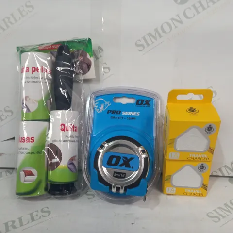 LOT OF APPROXIMATELY 10 ASSORTED HOUSEHOLD ITEMS TO INCLUDE TRAVEL CHARGER, OX PRO SERIES TAPE MEASURE, LINT ROLLER, ETC