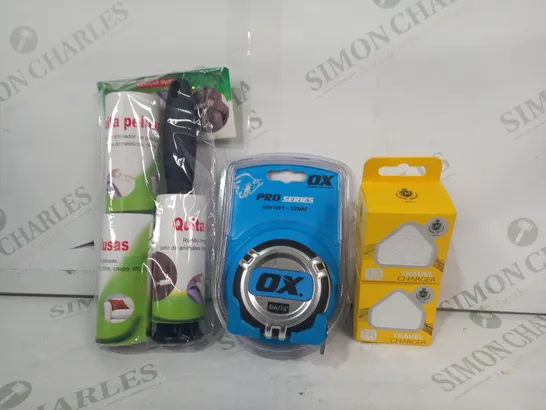 LOT OF APPROXIMATELY 10 ASSORTED HOUSEHOLD ITEMS TO INCLUDE TRAVEL CHARGER, OX PRO SERIES TAPE MEASURE, LINT ROLLER, ETC