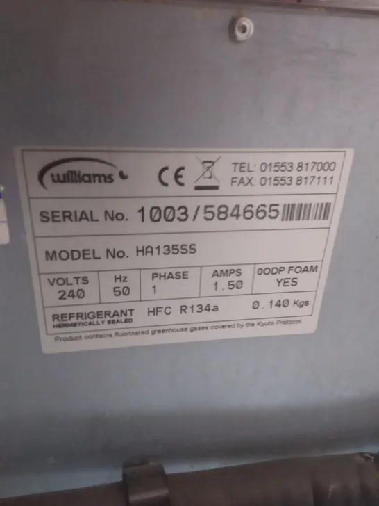 WILLIAMS 240V SINGLE DOOR FRIDGE - MODEL HA135SS