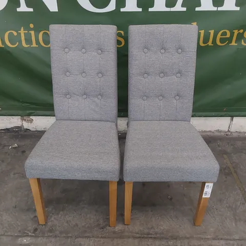 PAIR UPHOLSTERED BUTTONED BACK DINING CHAIRS GREY FABRIC ON NATURAL WOOD LEGS 