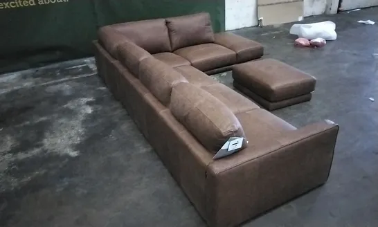 QUALITY ITALIAN DESIGNER RUSTIC BROWN LEATHER CORNER GROUP SOFA WITH FOOTSTOOL