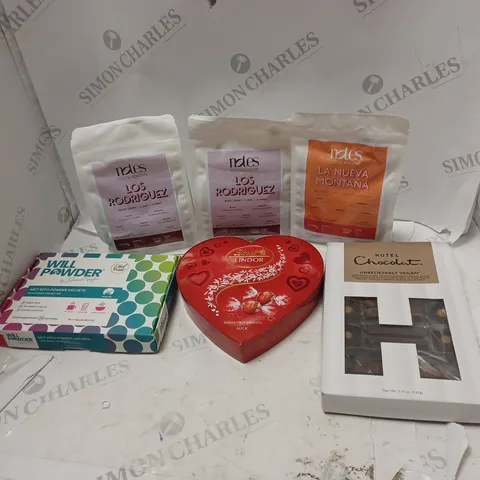 LOT OF ASSORTED FOOD AND DRINK ITEMS TO INCLUDE LINDT, HOTEL CHOCOLAT AND COFFEE BEANS 