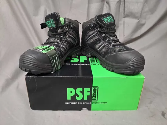 BOX OF APPROXIMATELY 10 BOXED PAIRS OF PSF terrain non-metallic SAFETY BOOTS IN BLACK SIZE 5