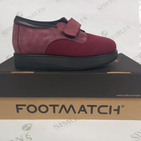 BOXED PAIR OF FOOTMATCH VELCRO STRAP SHOES IN BURGUNDY SIZE UNSPECIFIED