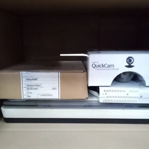 BOX OF OFFICE ESSENTIALS INCLUDING HP SCANNER, CASIO PROJECTOR, CISCO PHONE AND LOGITECH QUICKCAM 