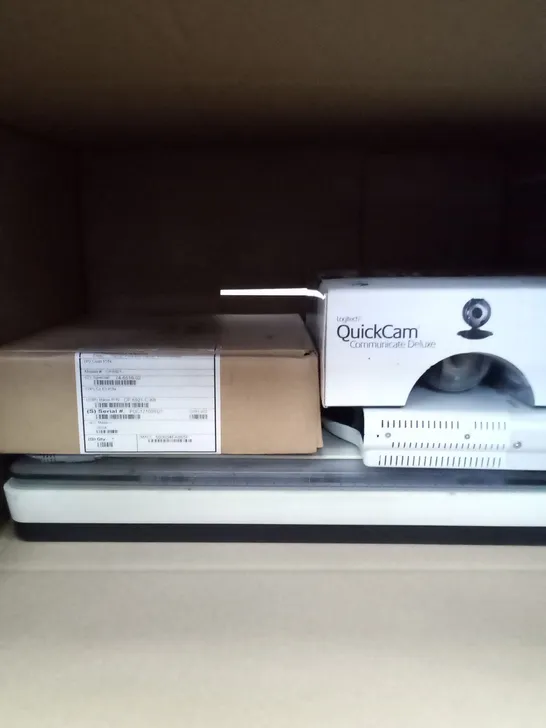 BOX OF OFFICE ESSENTIALS INCLUDING HP SCANNER, CASIO PROJECTOR, CISCO PHONE AND LOGITECH QUICKCAM 