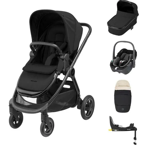 BOXED MAXI-COSI PRAM AND CAR SEAT SET INCLUDES ANDORRA LUXE STROLLER, ORIA CARRY COT, CYBEX ATON B2 I-SIZE, FAMILY FIX 360 ISOFIX BASE AND FOOTMUFF - BLACK